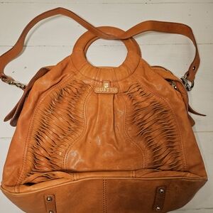GUSTO Orange Leather Woven-Panel Shoulder Bag